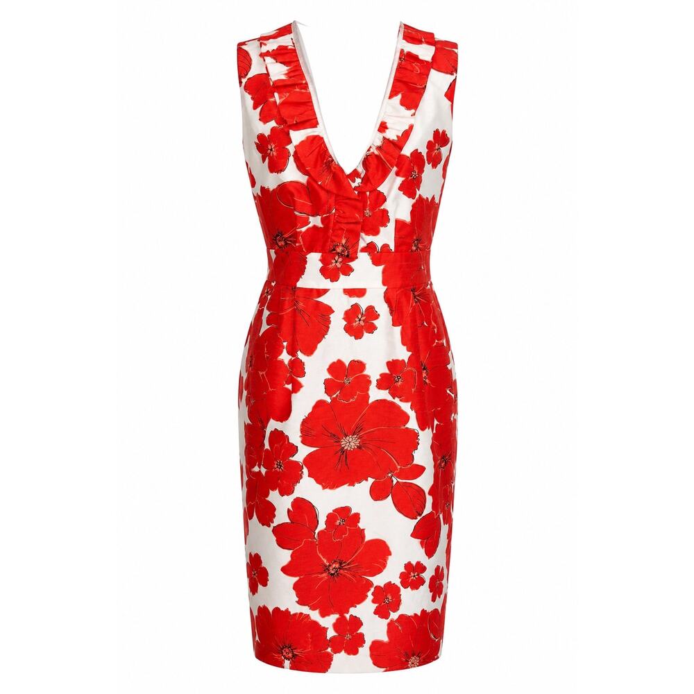 Jessica Howard Red White Floral Sheath Dress Sleeveless Ruffle Neck cocktail 14P
